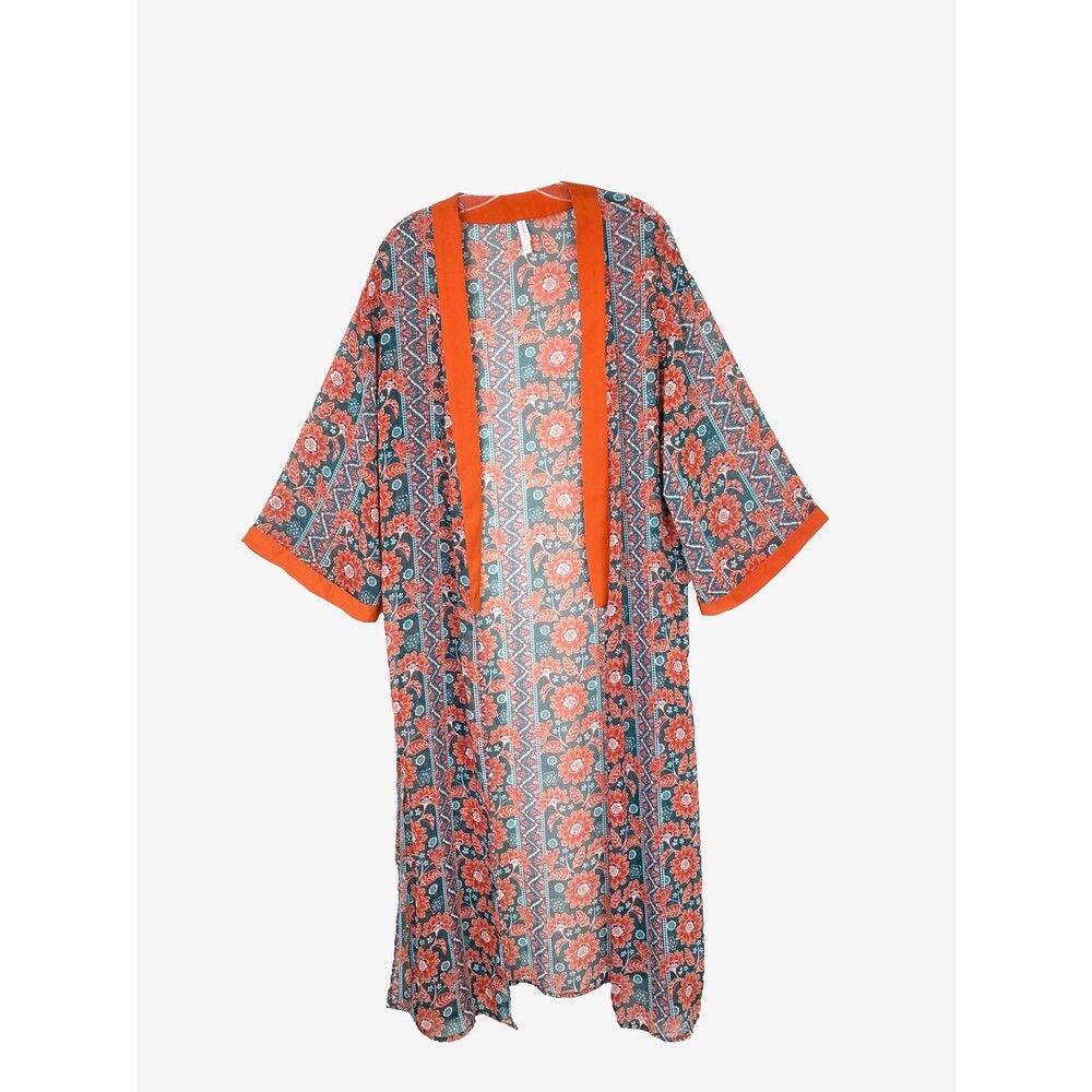 Xhilaration Long Kimono Topper Size S Orange Green Floral Sheer Boho